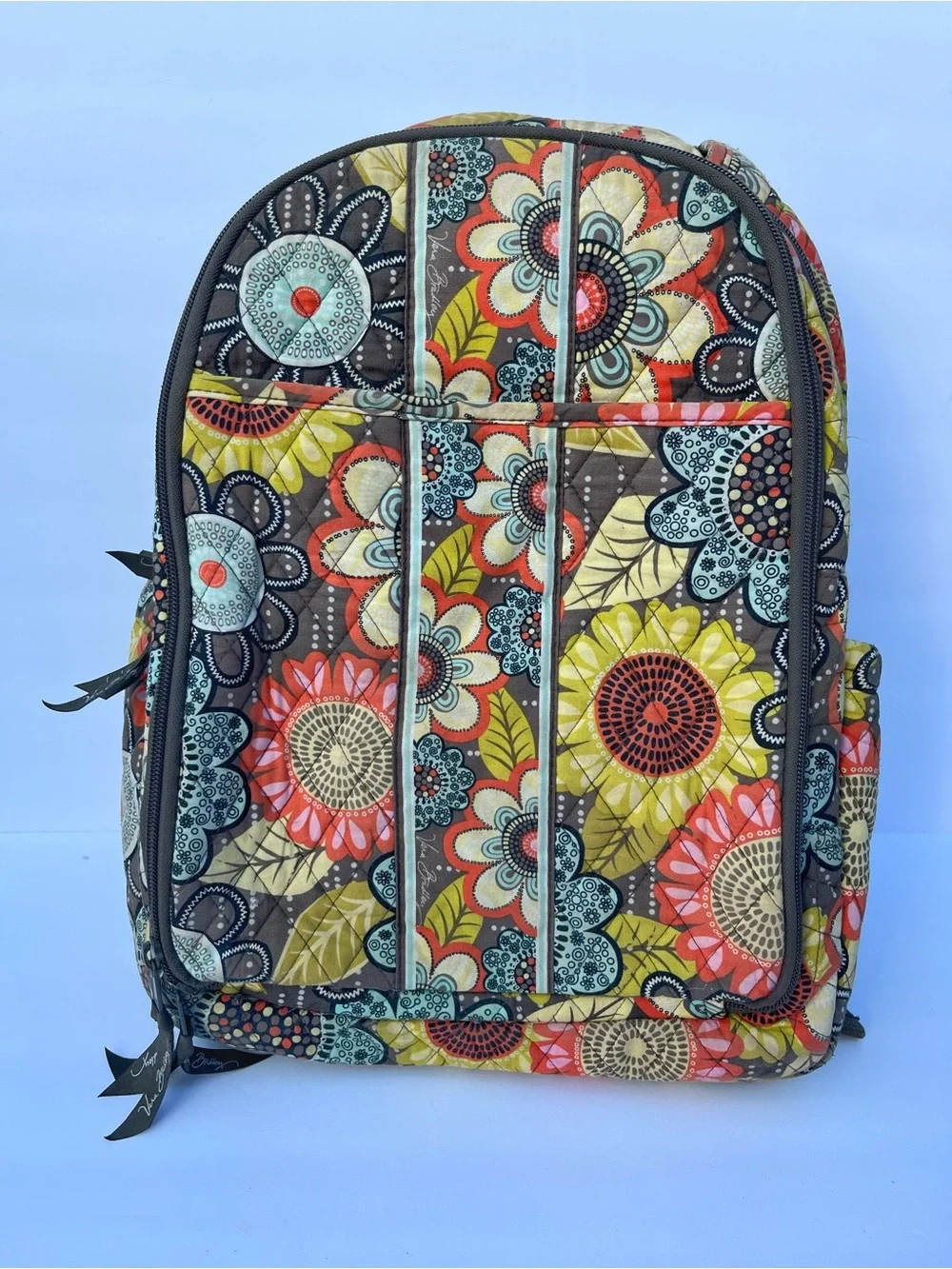 Vera Bradley Floral Quilted Backpack in Brown, Yellow, Red, Teal read
